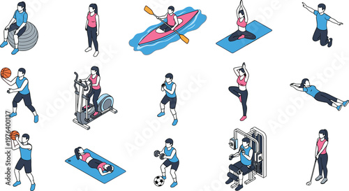 Fitness Woman Illustration Set with Different Exercises Including Yoga, Gym, Basketball, and Outdoor Activities for Workout and Health Graphics