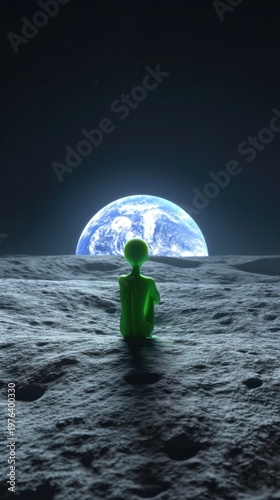 Slender green extraterrestrial seated on the moon's rocky surface gazing at Earthrise — photorealistic lunar landscape with soft moonlight