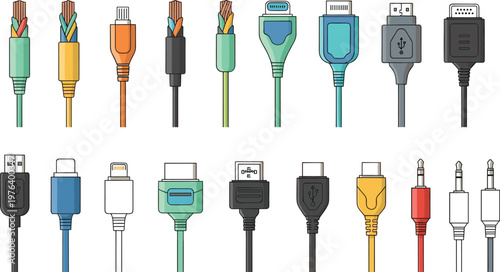Illustration Set of Different Charging, Data, and Audio Cables Including USB, Lightning, and Headphone Connectors for Electronics and Technology Graphics
