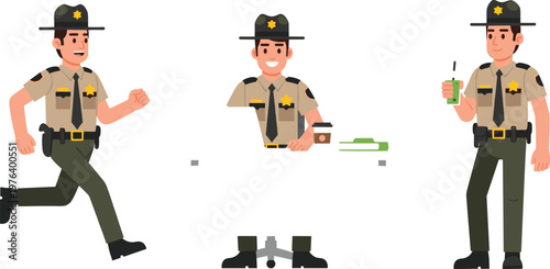 Police Officer Illustration Set with Running, Standing, and Holding a Walkie-Talkie for Law Enforcement and Public Service Graphics
