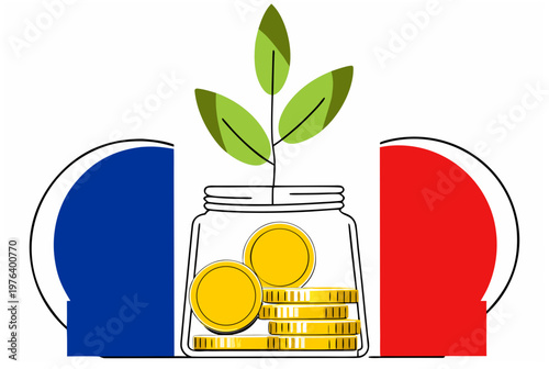 Glass jar with golden coin stacks and a growing plant. Concept of financial investment, savings, bank deposit, capital increase. Business vector illustration for website or banner