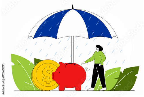 Woman with umbrella sheltering piggy bank and coin from rain. Concept for financial savings, emergency fund, and investment. Vector illustration