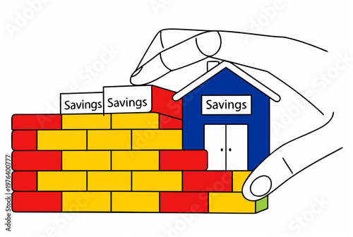 Hand building a wall of savings bricks and a house. Personal finance and emergency fund concept for investment. Vector illustration