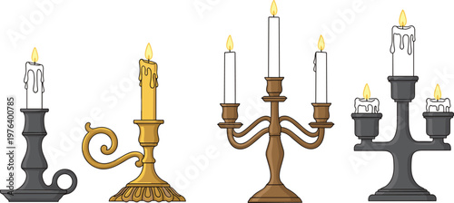 Vintage Candle Holders with Lit Candles, Decorative Candelabra and Candlestick Illustrations for Home Decor, Lighting, and Elegant Interior Designs