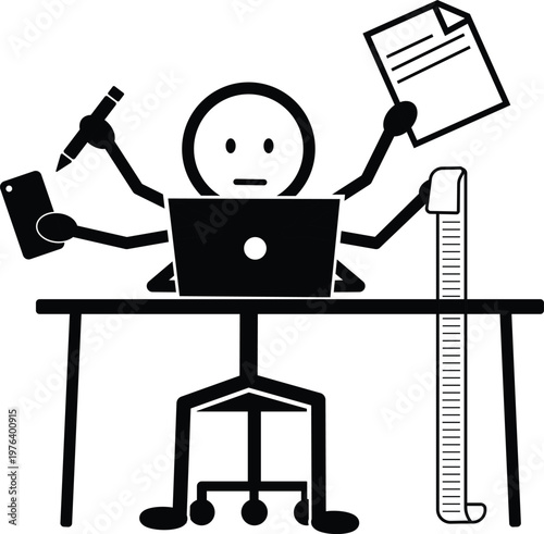 Multitasking stick figure worker managing numerous tasks at a desk with a laptop and documents.