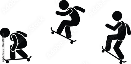 Stick figures performing professional skateboarding tricks showing movement and speed on white background