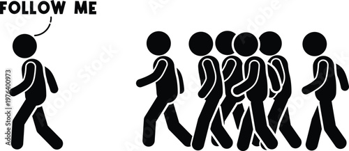A lone stick figure dictates "follow me" to a line of conforming individuals.