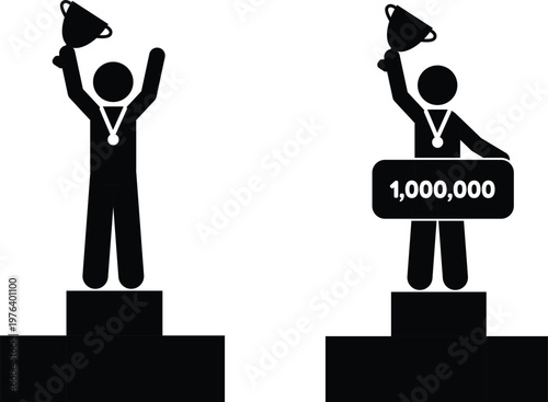 Stick figure winners standing on a podium holding a trophy and one million dollars