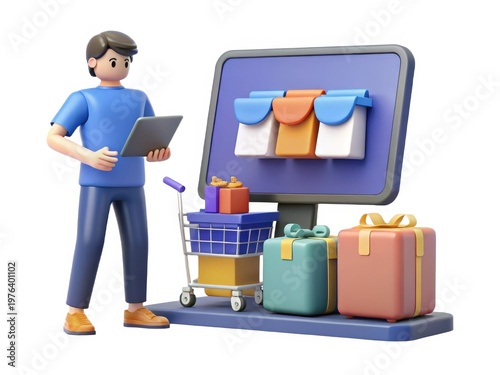 3D Illustration of a Man with a Tablet and Shopping Cart