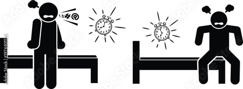 Annoyed person being abruptly woken up by a loud ringing alarm clock.