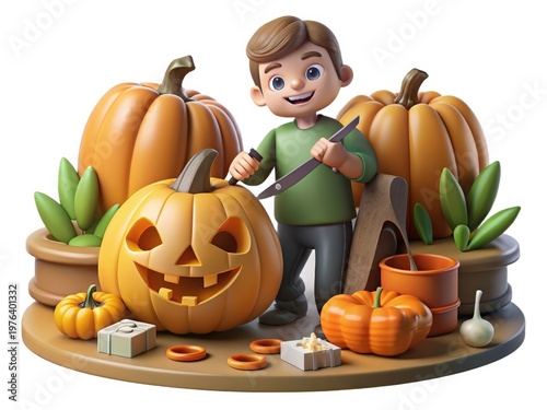 3D Illustration of a Boy Carving a Pumpkin