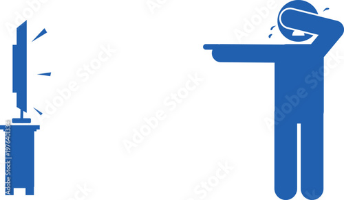 Blue stick figure person crying while pointing at a television screen with frustration