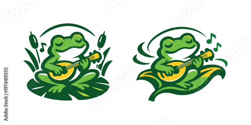 Happy green frog playing a lute on a lily pad with musical notes