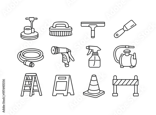 Line style icons of deep cleaning routine: polisher, scrubber, squeegee, scraper; hose, nozzle, sprayer, pump; ladder, sign, cone