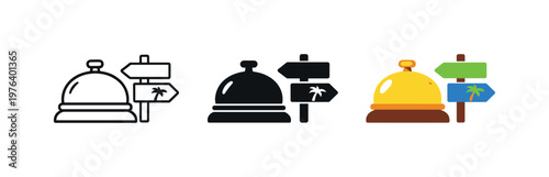 Hotel reception bell with directional signs pointing to tropical destinations