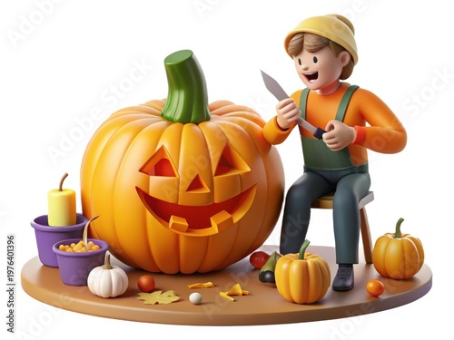 3D Illustration of a Boy Carving a Pumpkin