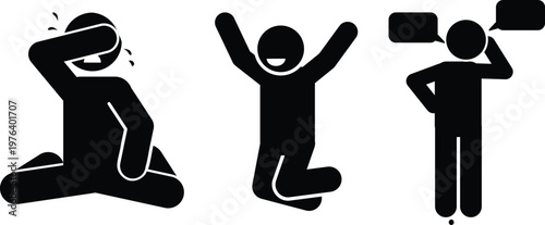 Black stick figures expressing various human emotions through body language and simple cartoon gestures