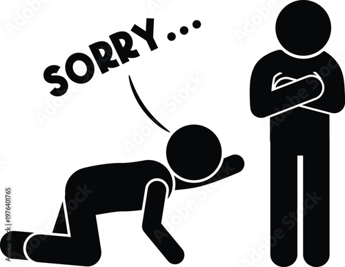 Person kneeling on floor begging for forgiveness from an angry person standing nearby