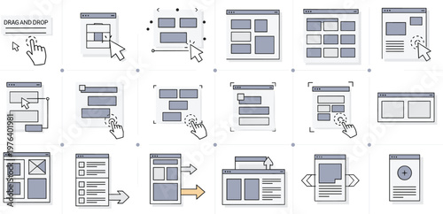 Drag and drop user interface icons set with layout builder web design interaction vector illustration collection