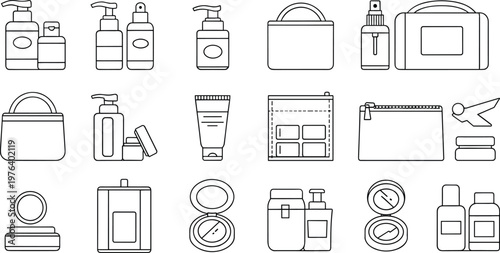 Cosmetics and beauty product line icon set with skincare bottles makeup tools minimal outline vector illustration