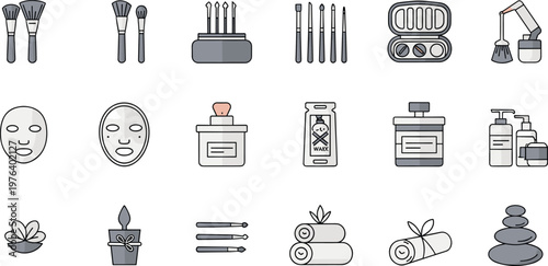 Beauty and spa icon set with makeup brushes skincare products wellness relaxation flat vector illustration collection