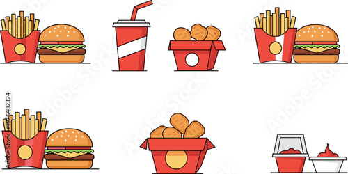 Fast food icons set with burger fries soda nuggets takeaway meal combo restaurant vector illustration collection