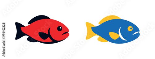 Two-Color vector icons of a plain deep-sea fish with no lure (antonymic to a clock-lured anglerfish): simple fish, smooth fin,