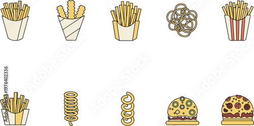 Fried snacks and fast food icons set with fries onion rings burgers crispy takeaway vector illustration