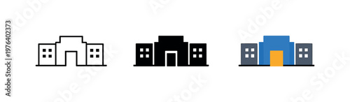 Center of organization expressed as a symbolic administrative complex icon formed by a solid block with a central doorway