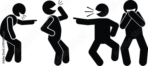 Stick figures laughing, pointing, and making fun, depicting teasing or mockery actions.