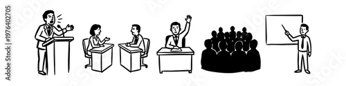 Black and white hand-drawn business icons showing a public speaker, job interview, voting, audience group, and presentation. Professional communication and meeting concepts.