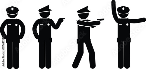 A collection of police officer stick figures in various poses and actions