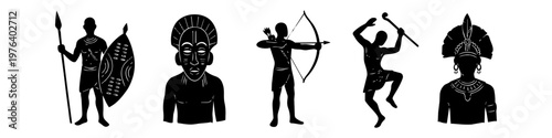 Set of black silhouette icons of African tribal figures, including a warrior with a shield, an archer, a dancer, and traditional ethnic masks. Perfect for cultural and historical themes.