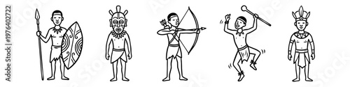 Set of black and white line art illustrations depicting African tribal culture, including a warrior, archer, dancer, and figures in ceremonial masks and headdresses.
