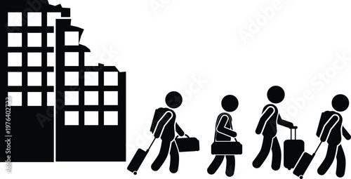 Stick figures with luggage evacuating damaged buildings, symbolizing crisis, displacement, and migration.