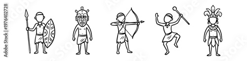 Collection of tribal character illustrations in a hand-drawn line art style. Includes a warrior, archer, dancer, and figures wearing traditional masks and feathered headdresses.