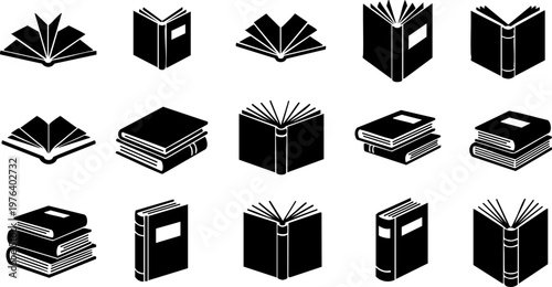 Minimalist book icon set with 15 black vector elements, open and closed books for education and library design, flat academic literature symbols