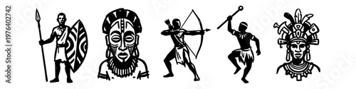 Black and white hand-drawn tribal icons featuring an African warrior with spear, traditional mask, archer, dancer, and indigenous person in ornate headdress. Perfect for cultural designs.