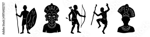 Set of black silhouette icons depicting traditional African tribal elements, including a warrior with a shield, an archer, a ritual dancer, and ceremonial masks on a white background.