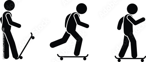 Black stick figures demonstrate various stages of riding a skateboard in simple icon form