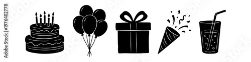 A set of five black silhouette icons for birthday celebrations, including a cake with candles, a bunch of balloons, a gift box, a party popper with confetti, and a glass of juice with a straw.