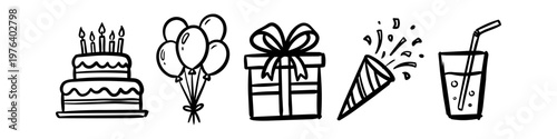 Hand-drawn birthday and celebration icon set featuring a cake, balloons, gift box, party popper, and a drink. Minimalist black ink doodle style on a white background.