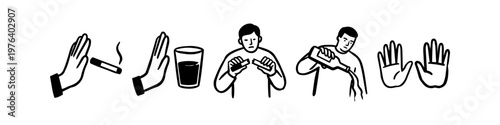 Vector icon set of people and hand gestures refusing cigarettes and alcohol. Symbolizing healthy lifestyle choices, addiction recovery, and willpower. Minimalist black and white line art.