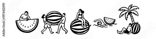 Minimalist black and white line art collection of people with giant watermelons in summer settings, featuring swimming, lounging under palm trees, and playful fruit interactions.