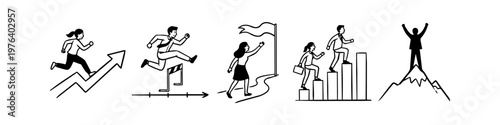Business people achieving goals, overcoming hurdles, climbing charts, and reaching peaks. Minimalist black line art icons representing career growth, success, and professional motivation.