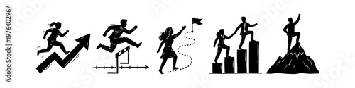 Business success concept illustrations showing growth, overcoming hurdles, goal setting, teamwork, and reaching the summit. Hand-drawn silhouettes representing career progress and achievement.