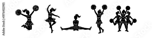 Set of black silhouette illustrations featuring cheerleaders in dynamic action poses like jumping and doing splits, ideal for sports and school spirit designs.