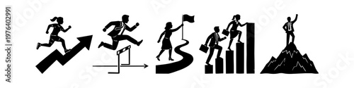 Black silhouette icons representing business career growth, success, and achievement. People overcoming obstacles, climbing ladders, and reaching goals. Professional progress concept set.