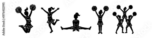 Set of black cheerleader silhouettes in various dynamic poses such as jumping, doing splits, and a group pyramid. Ideal for school spirit, sports teams, and active lifestyle graphics.