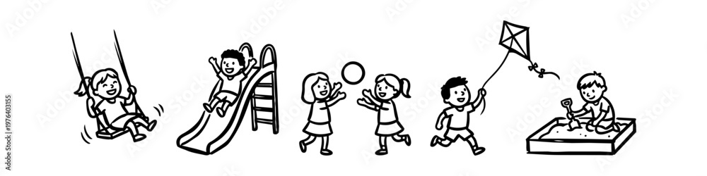 Obraz premium Hand-drawn black and white doodle of diverse kids playing on a playground with a swing, slide, ball, kite, and sandbox. Fun cartoon vector set for children's activities and coloring books.